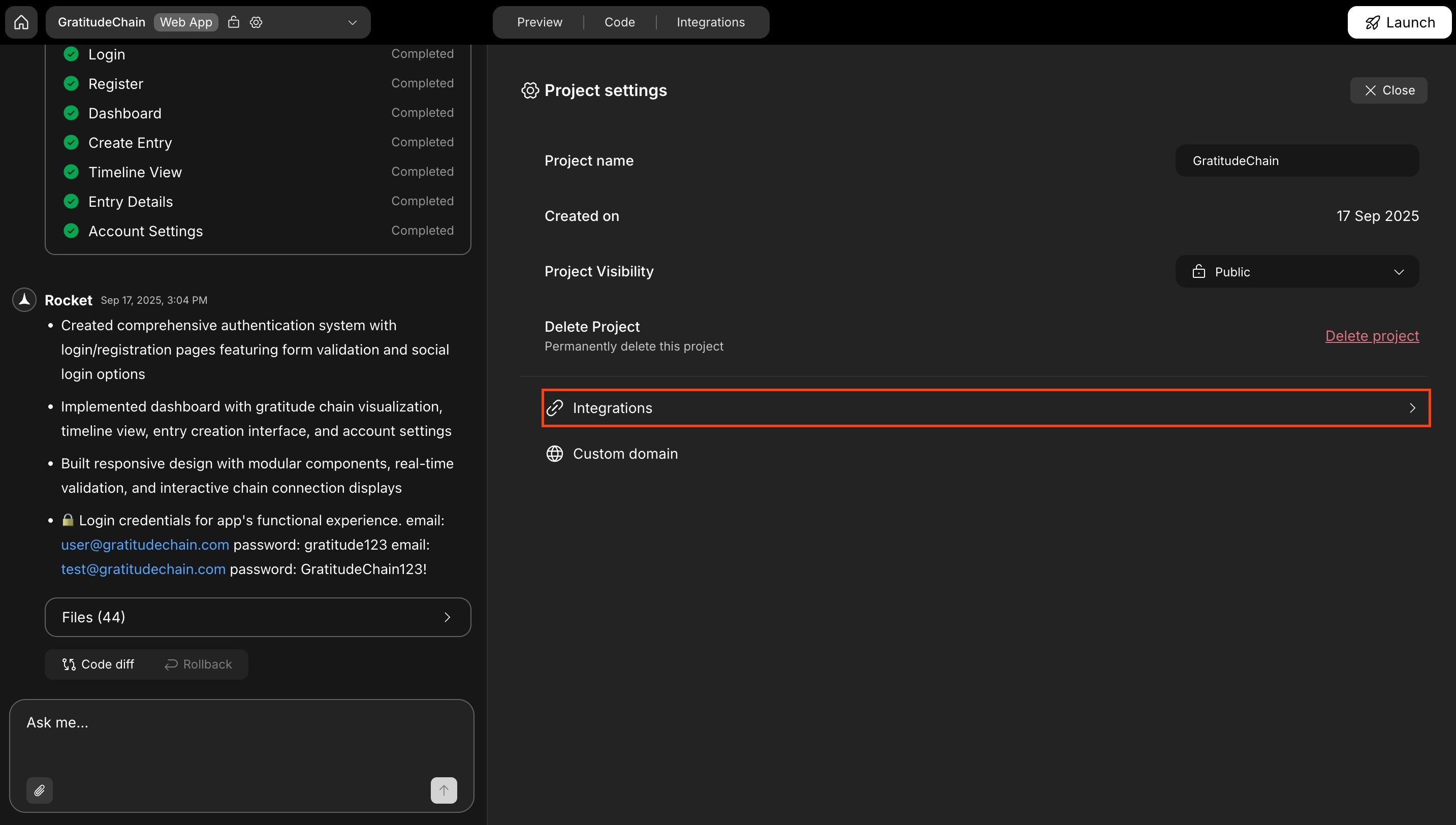 Integrations tab highlighted in the project settings panel in dark mode.