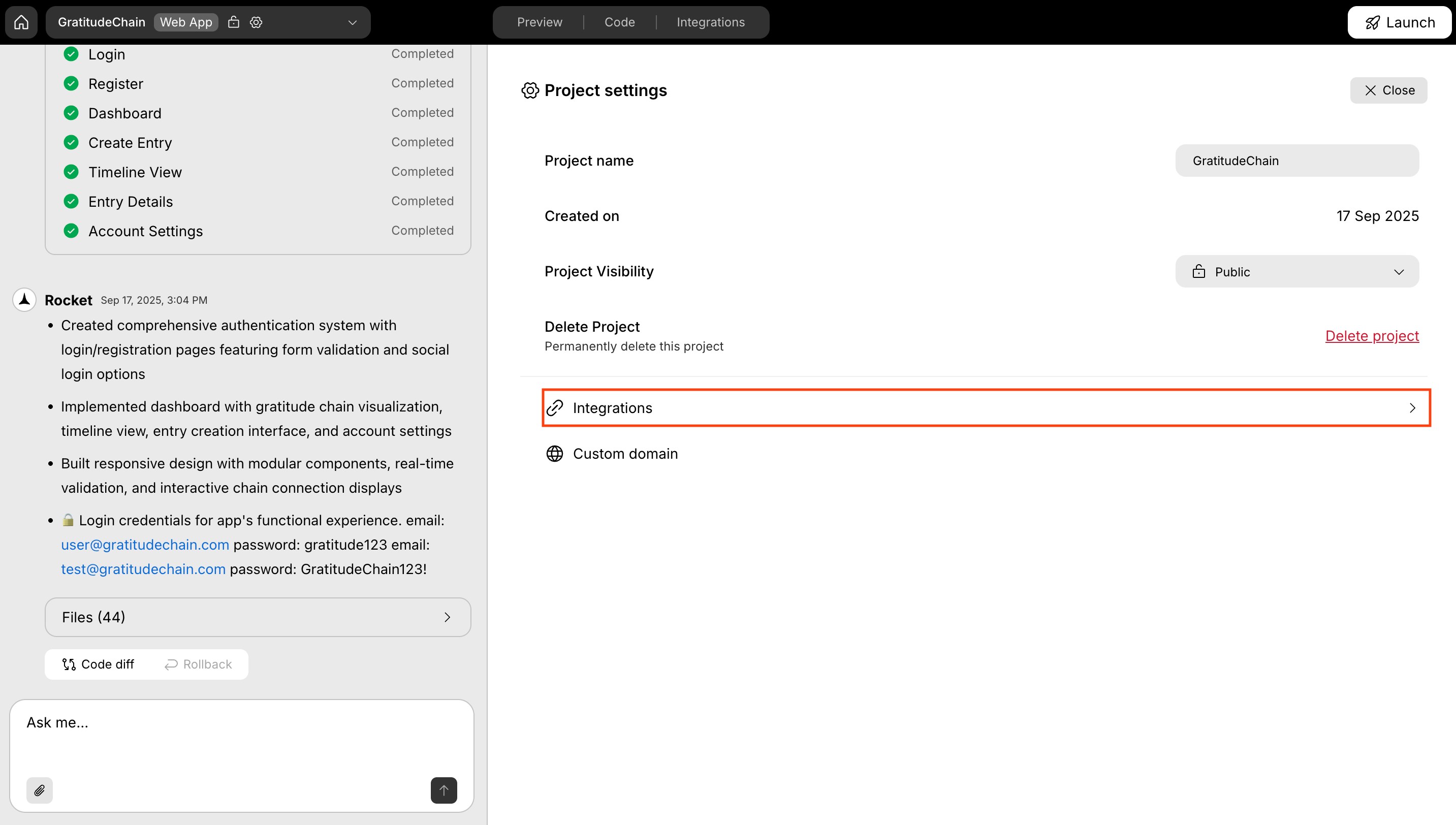 Integrations tab highlighted in the project settings panel.