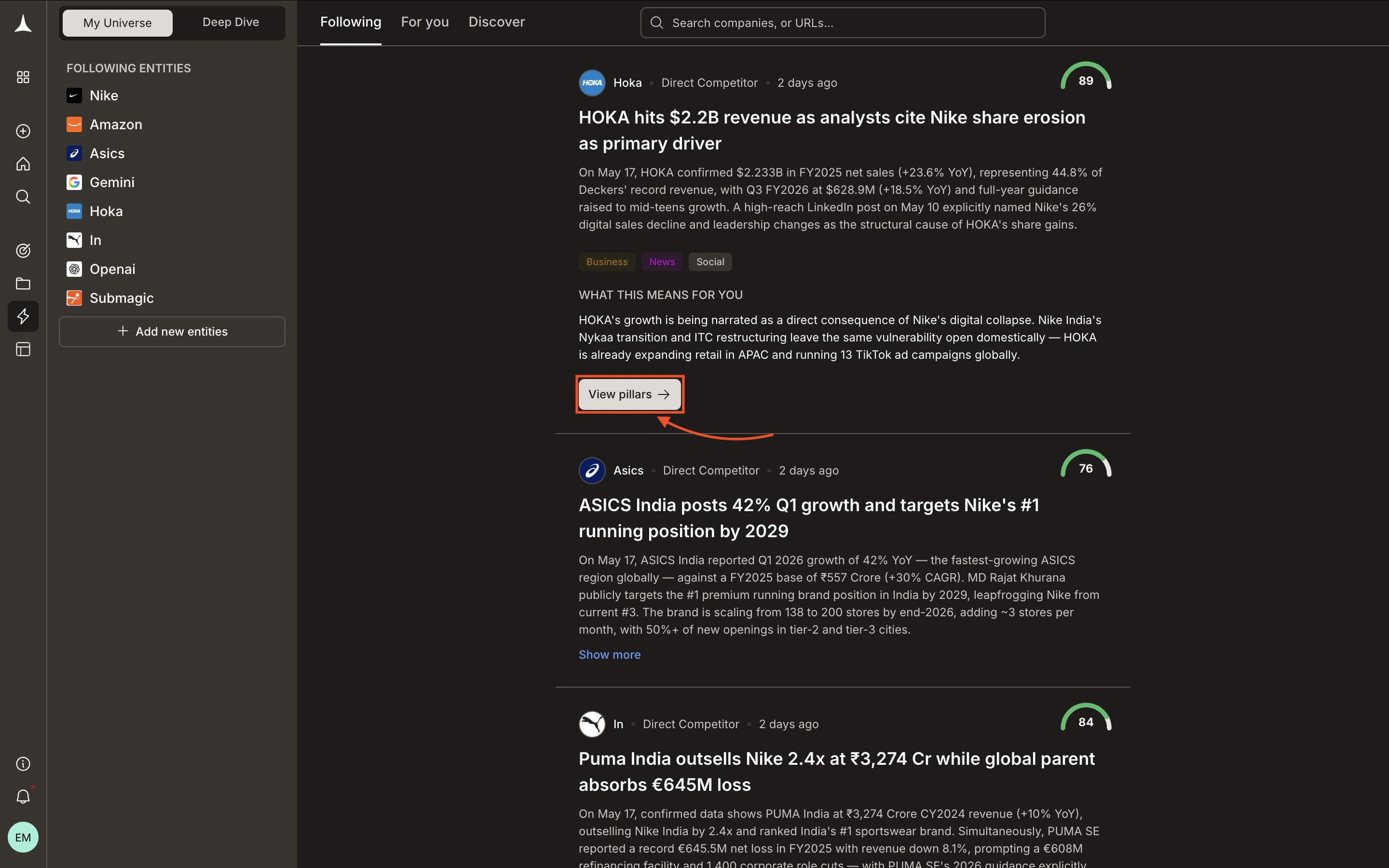 Expanded pillar navigation in sidebar for a followed company