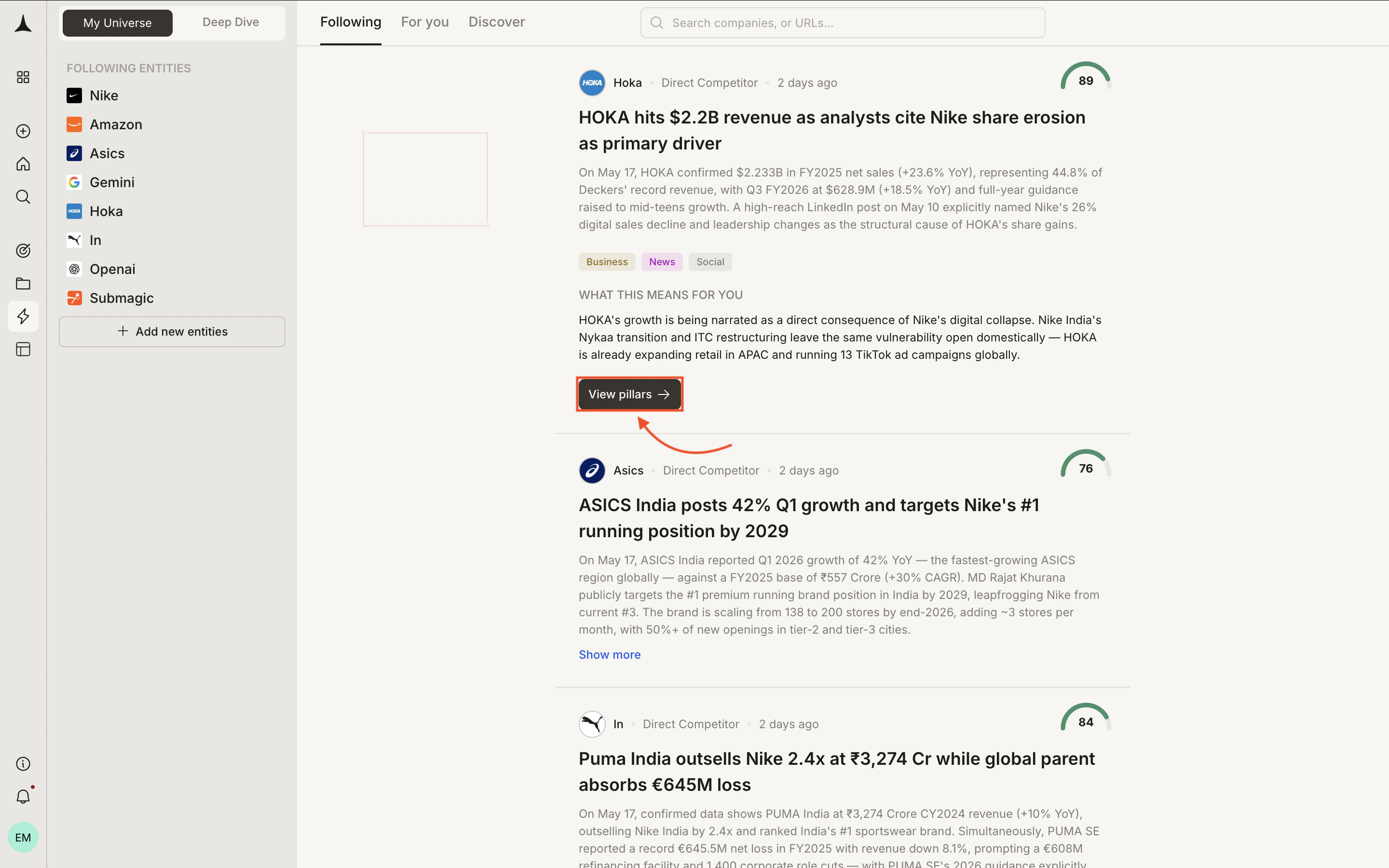 Expanded pillar navigation in sidebar for a followed company