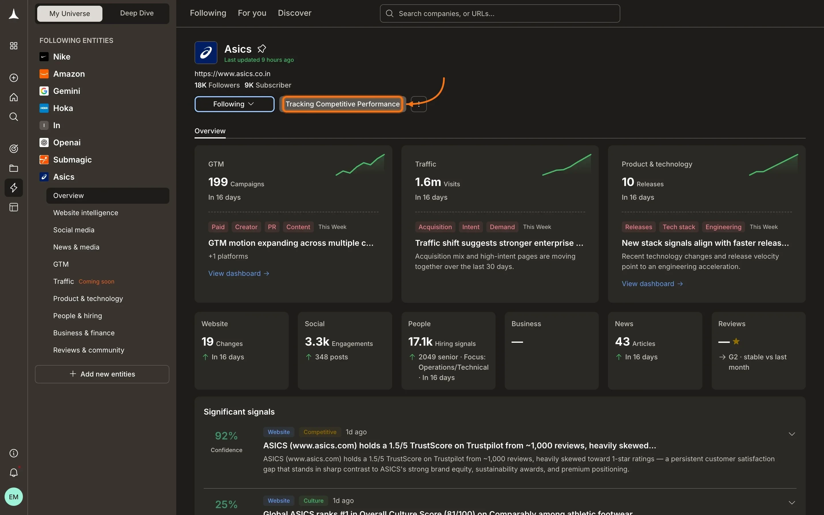 Company dashboard showing a saved purpose badge next to the Following button