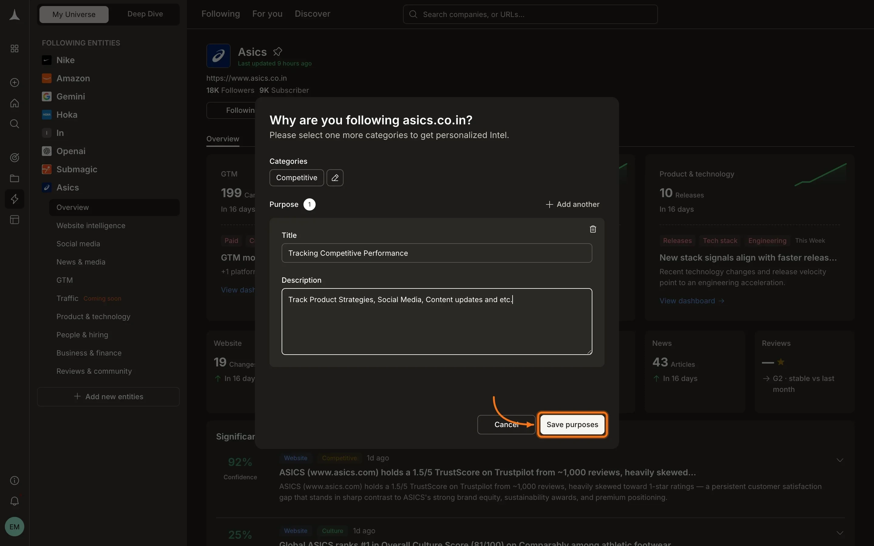 Purpose form with title and description fields for customizing your subscription