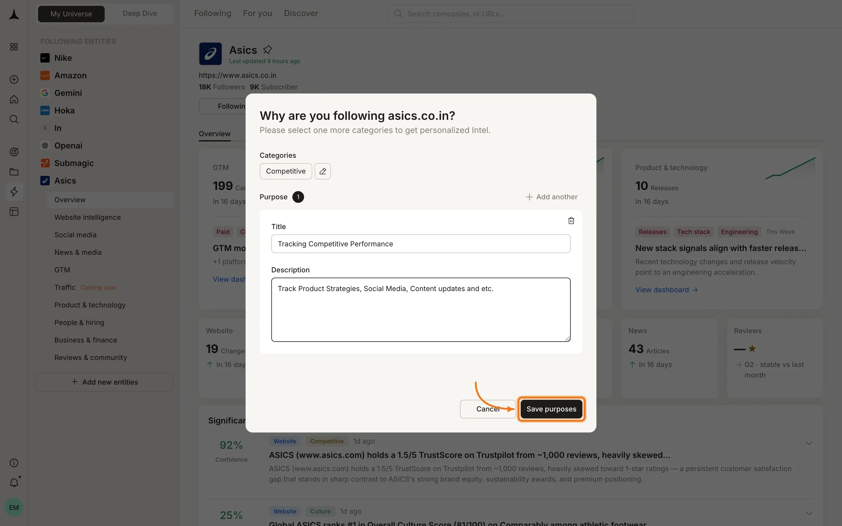 Purpose form with title and description fields for customizing your subscription