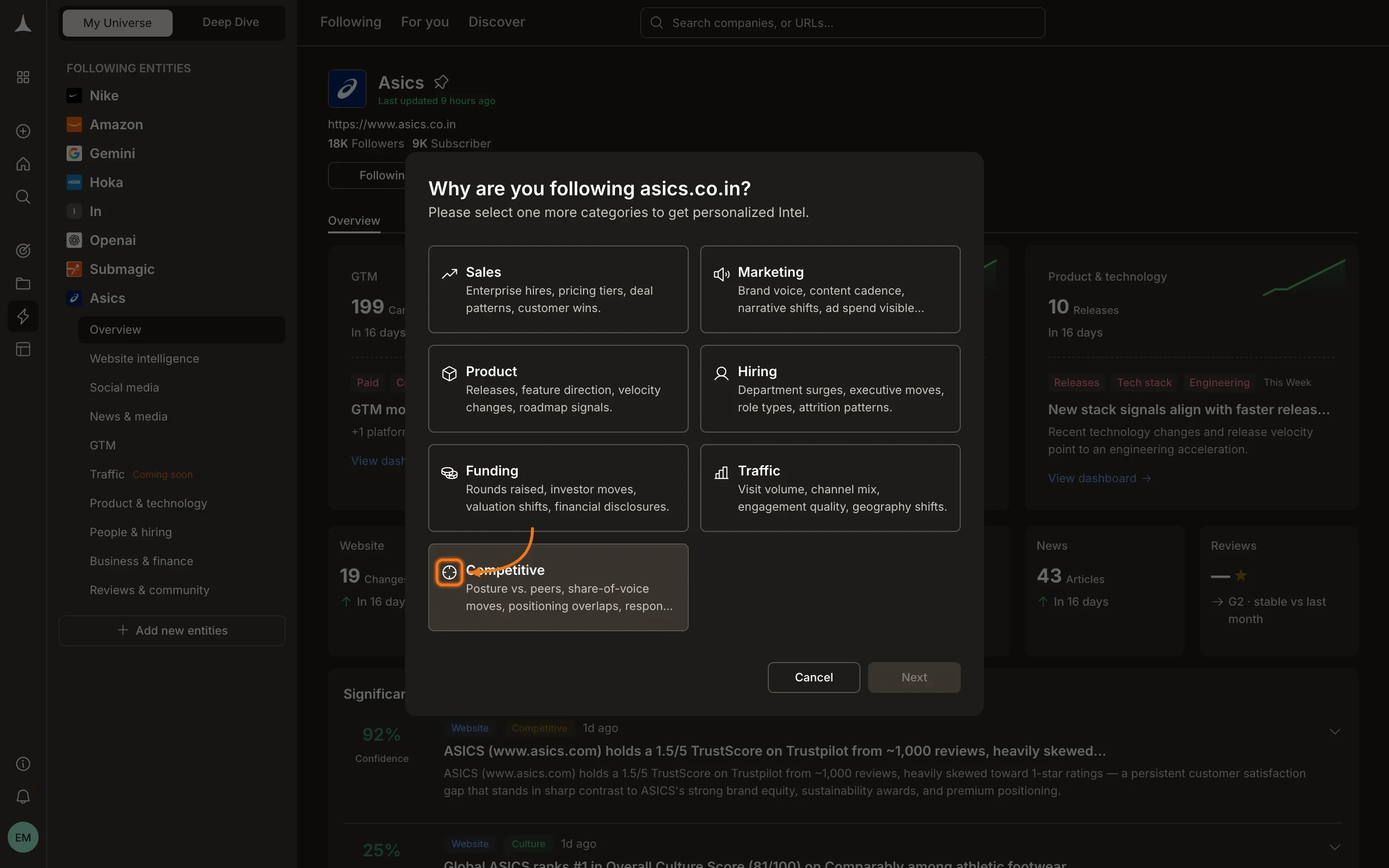 Subscribe categories showing purpose options like Sales, Marketing, Product, Hiring, Funding, Traffic, and Competitive