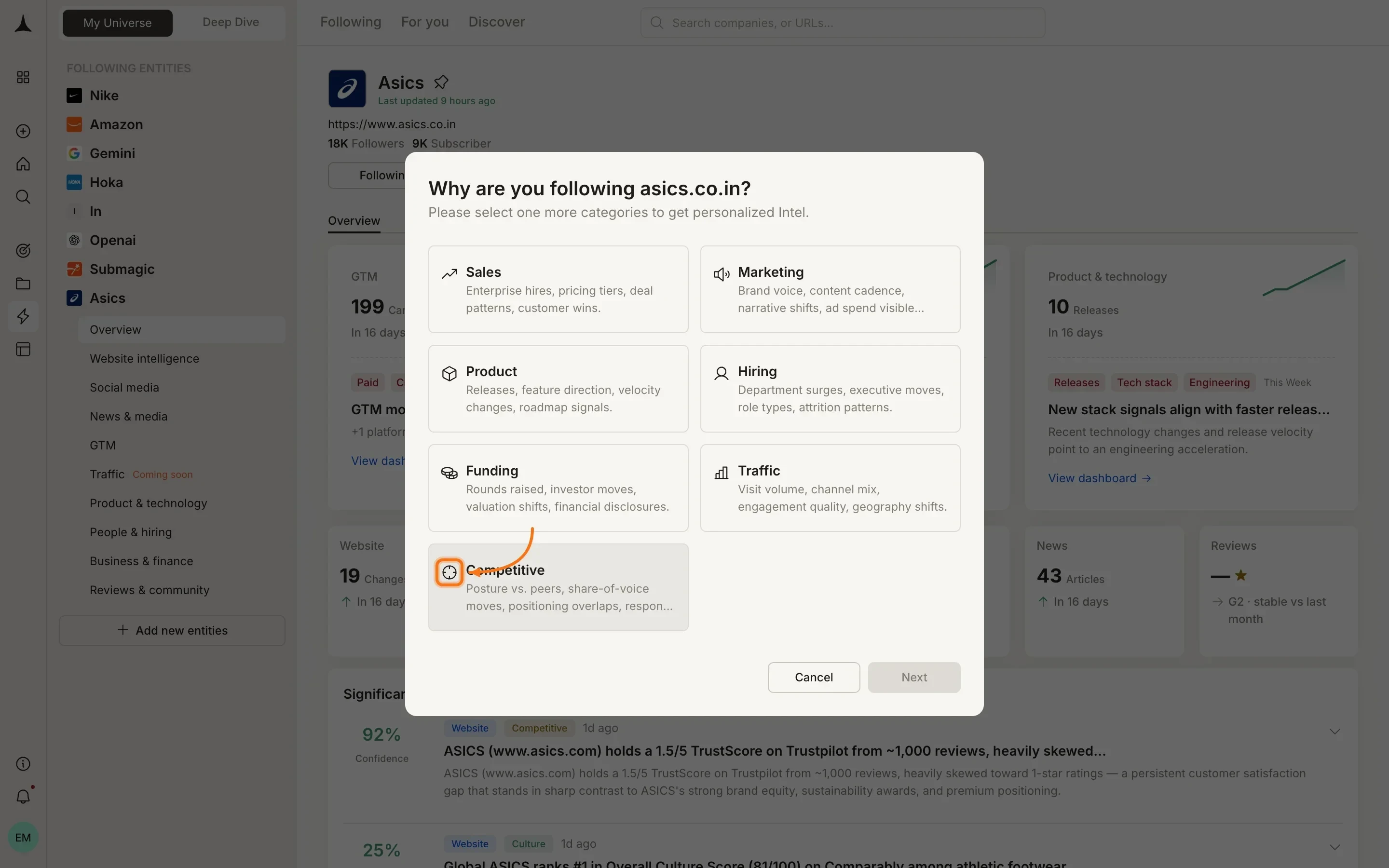 Subscribe categories showing purpose options like Sales, Marketing, Product, Hiring, Funding, Traffic, and Competitive