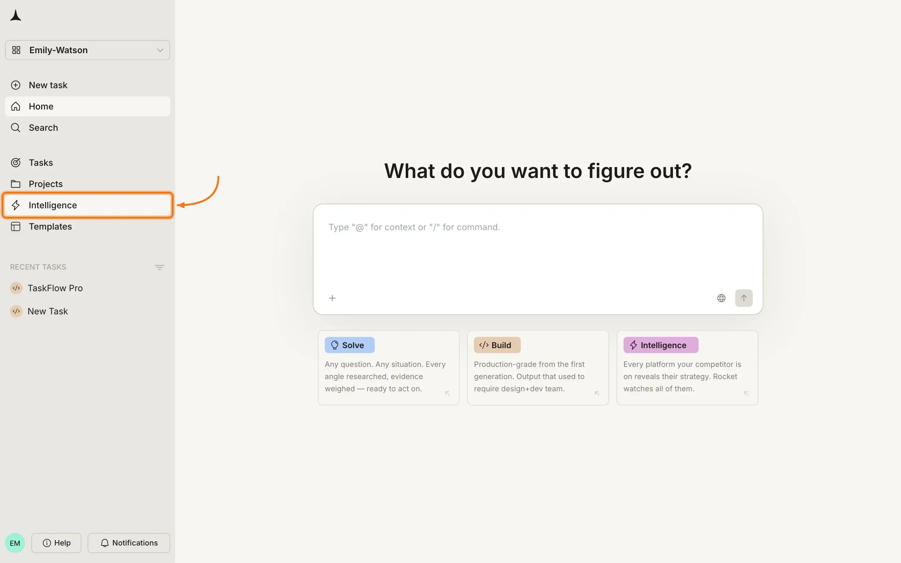 Rocket home screen with Intelligence highlighted in the sidebar