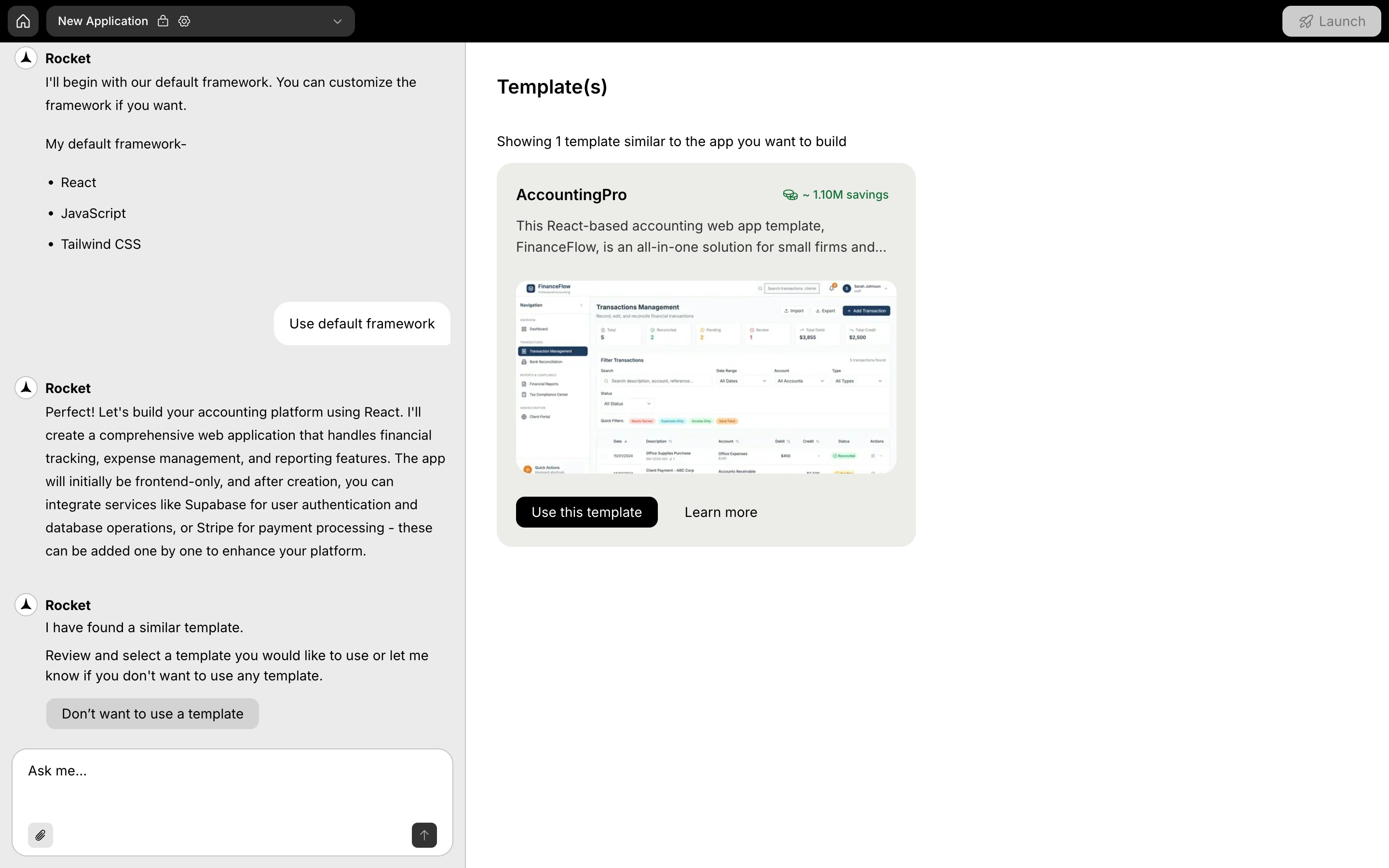 Template suggestion inside Rocket chat UI