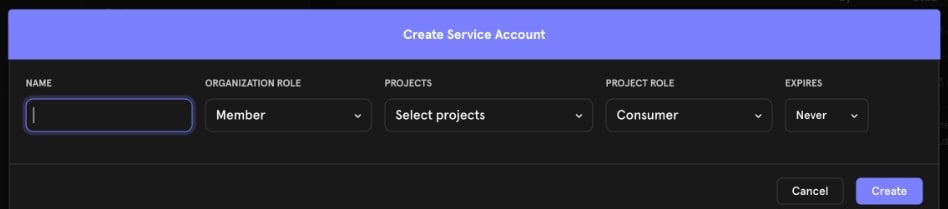 Mixpanel Create Service Account dialog with Name, Organization Role, Projects, Project Role, and Expires fields.