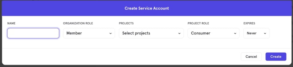 Mixpanel Create Service Account dialog with Name, Organization Role, Projects, Project Role, and Expires fields.