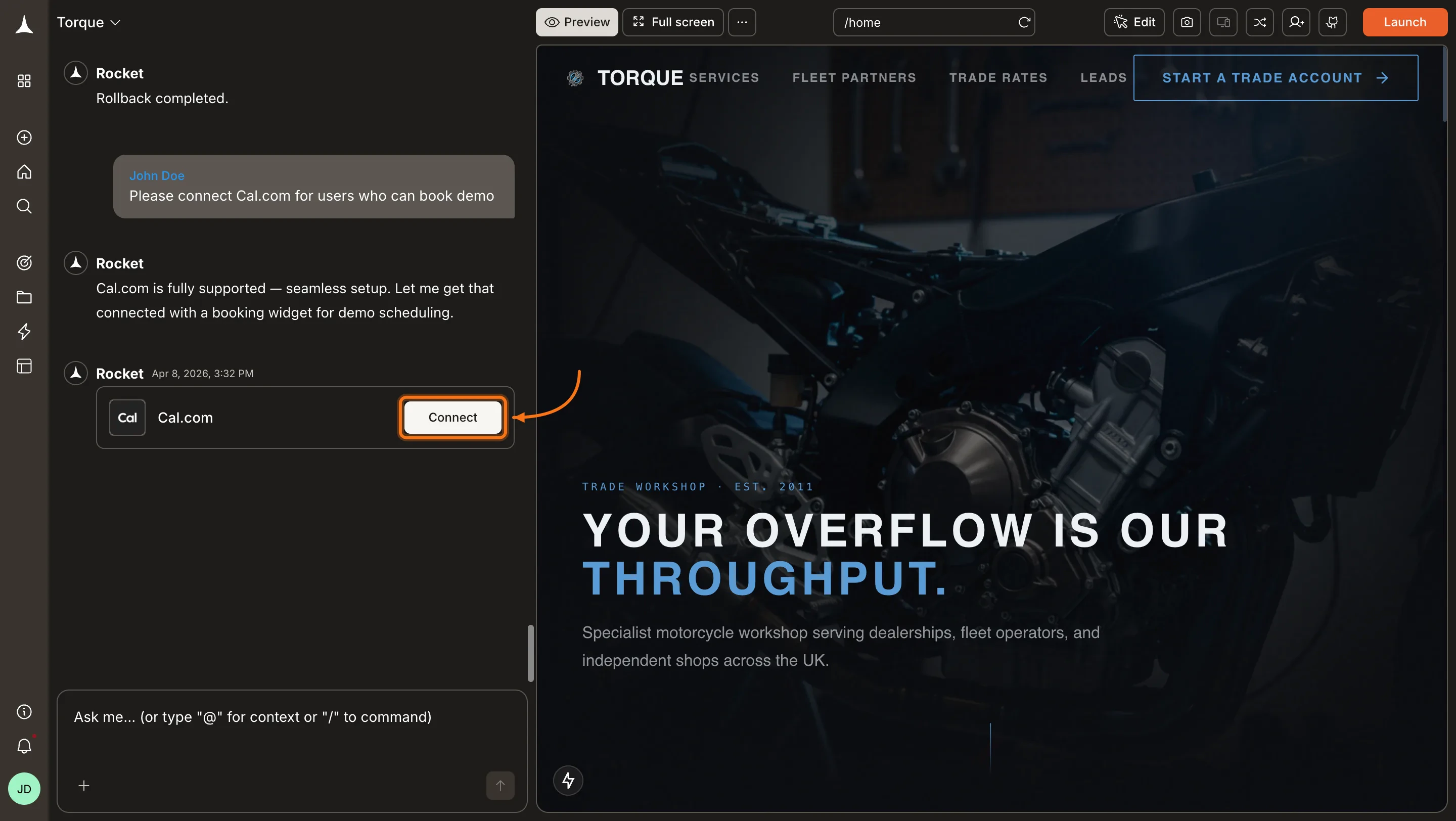 Rocket chat panel showing a Connect prompt for Cal.com.