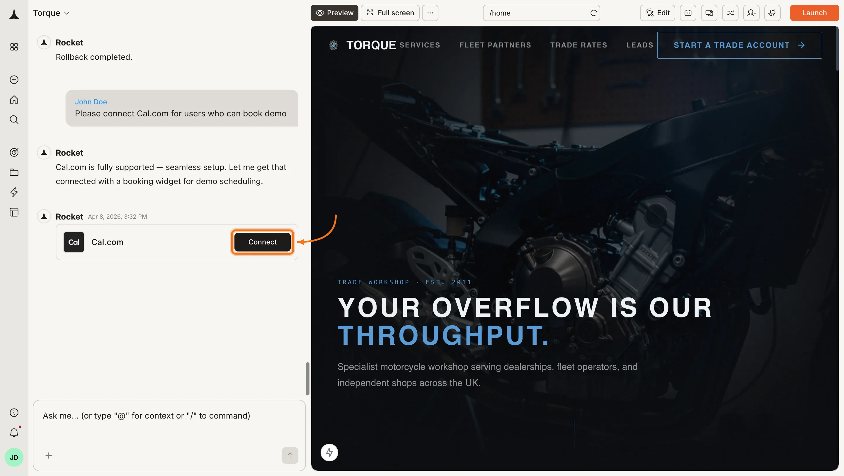 Rocket chat panel showing a Connect prompt for Cal.com.