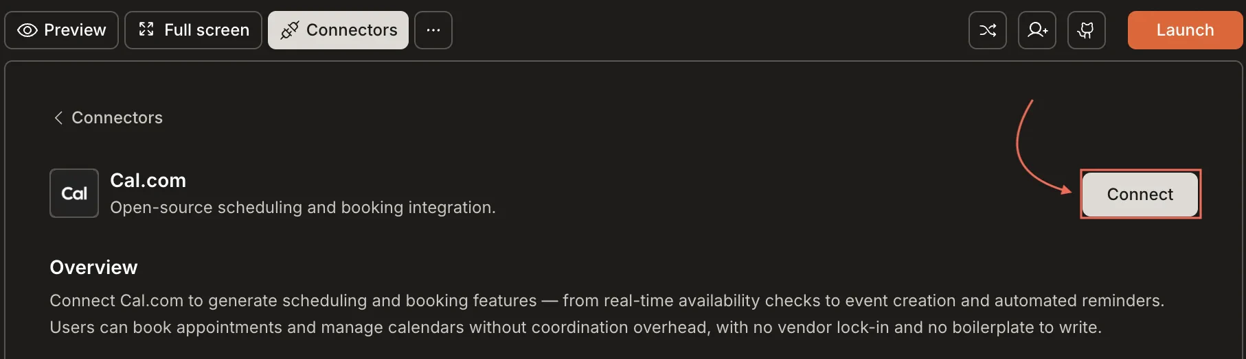 Connectors panel showing the Cal.com card with a Connect button.