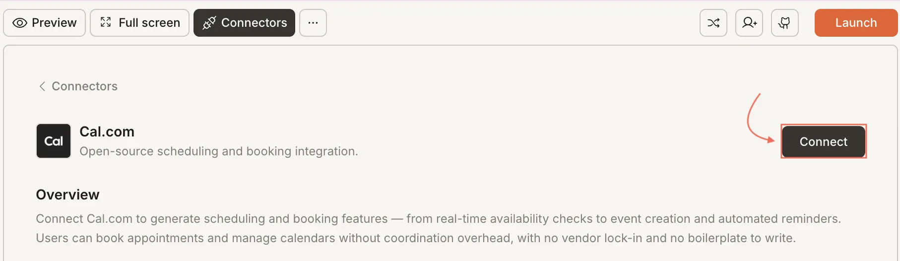 Connectors panel showing the Cal.com card with a Connect button.