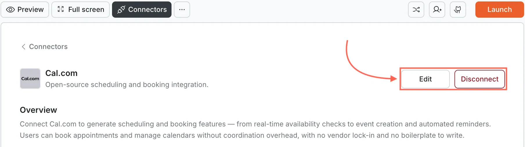 Cal.com card showing Edit and Disconnect buttons.