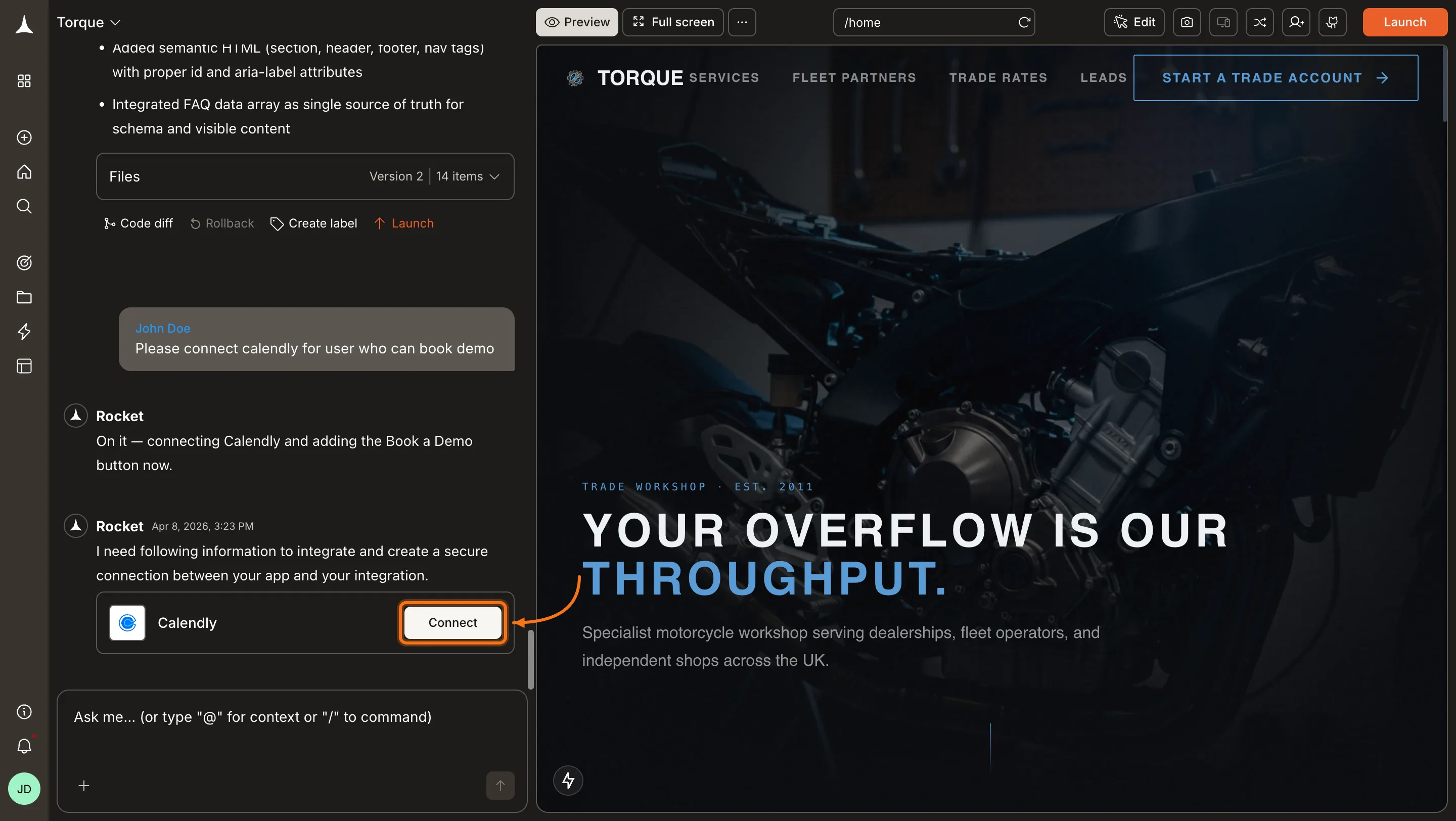 Rocket chat panel showing a Connect prompt for Calendly.