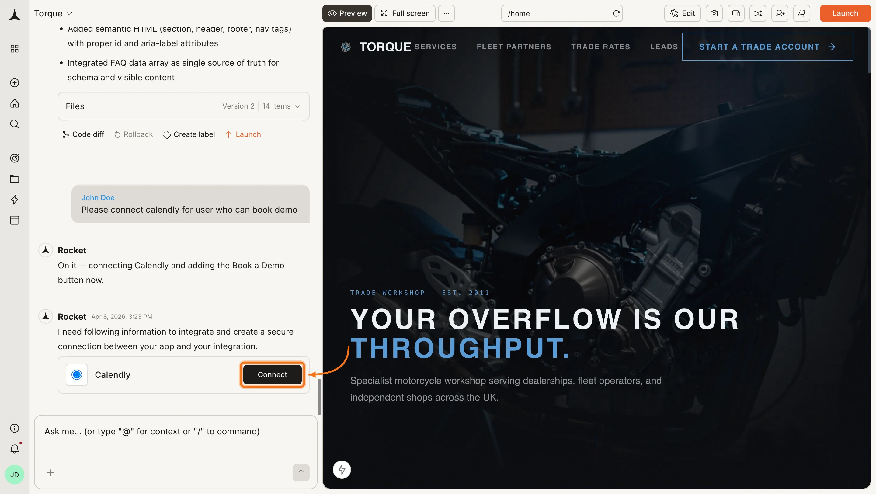 Rocket chat panel showing a Connect prompt for Calendly.