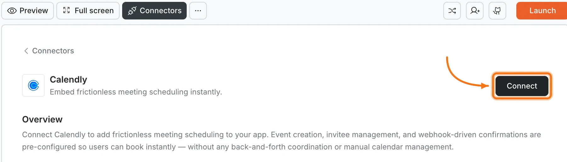 Connectors panel showing the Calendly card with a Connect button.