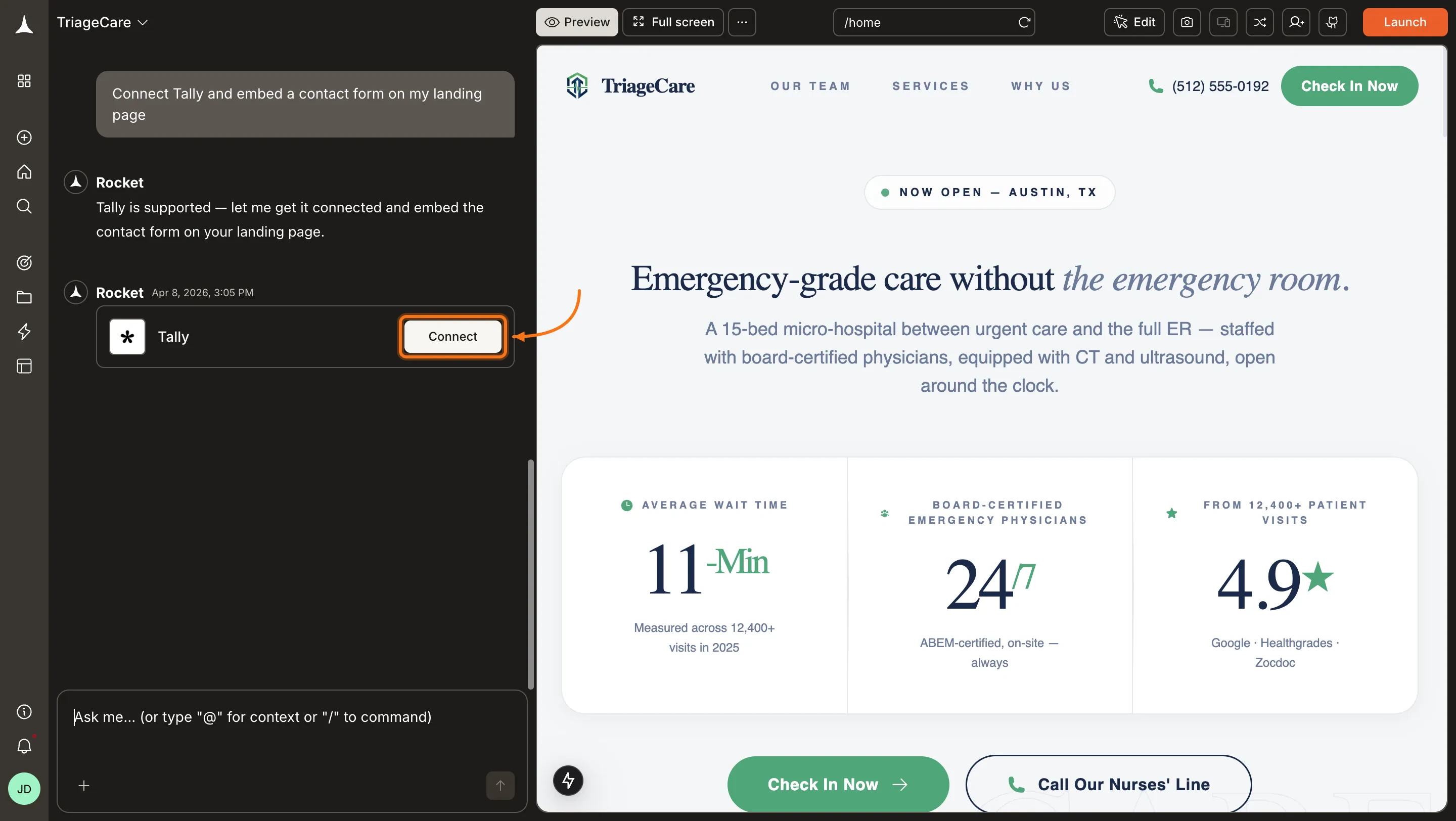 Rocket chat panel showing a Connect prompt for Tally.