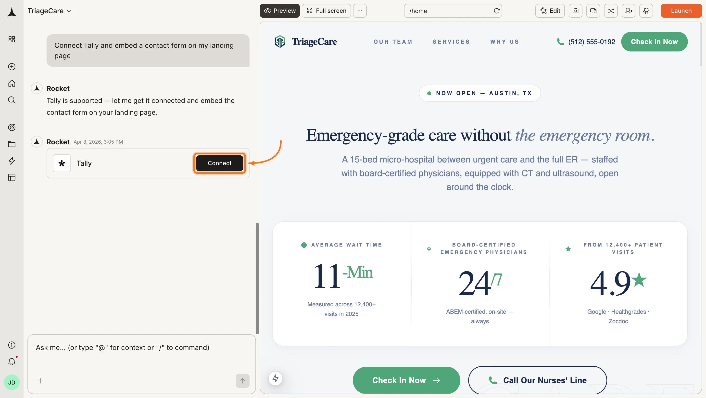 Rocket chat panel showing a Connect prompt for Tally.