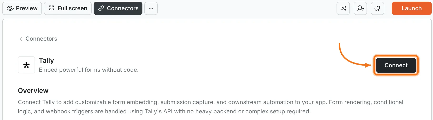 Connectors panel showing the Tally card with a Connect button.