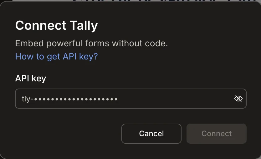 Connect Tally popup with an API key input field.