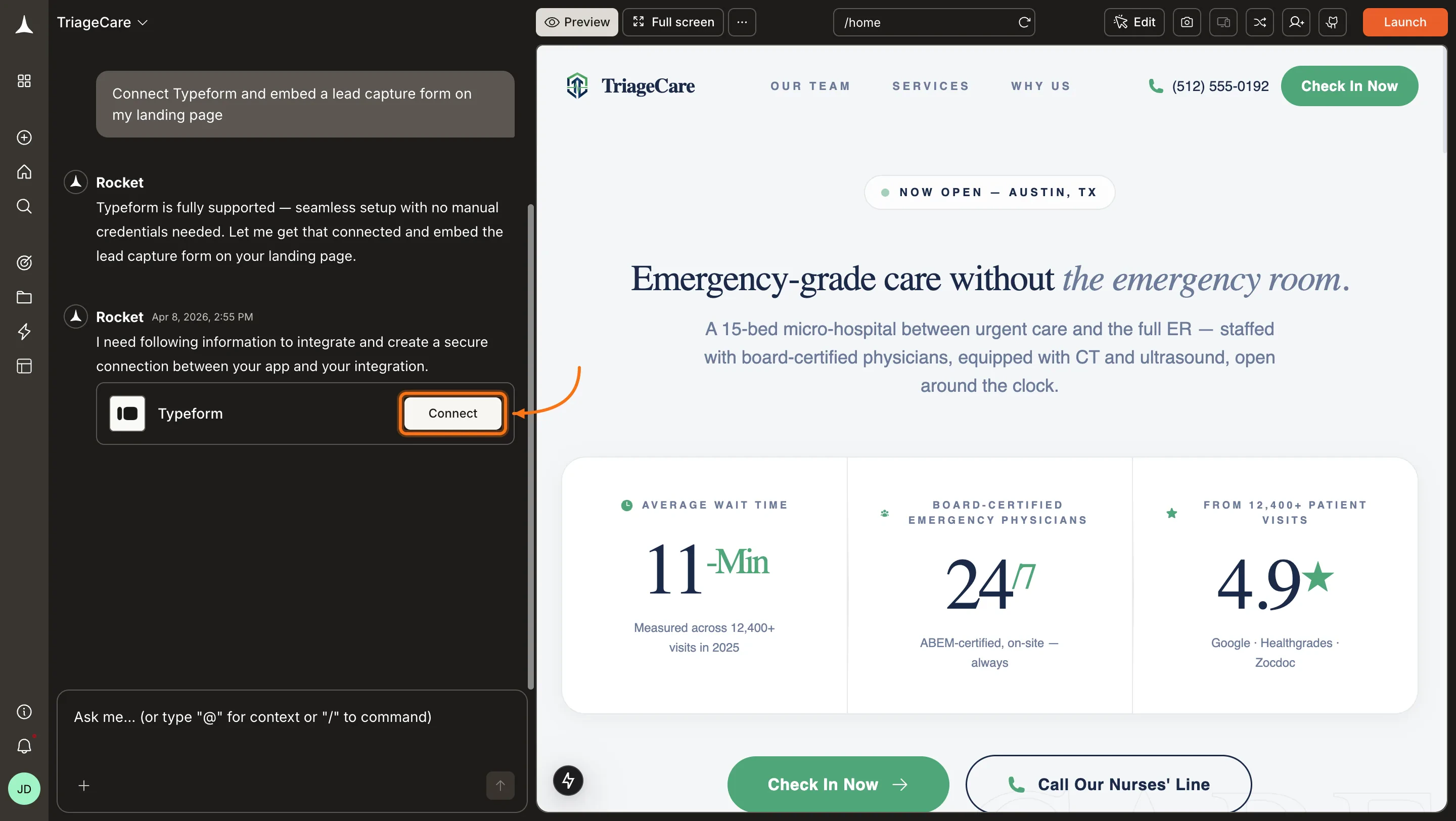 Rocket chat panel showing a Connect prompt for Typeform.