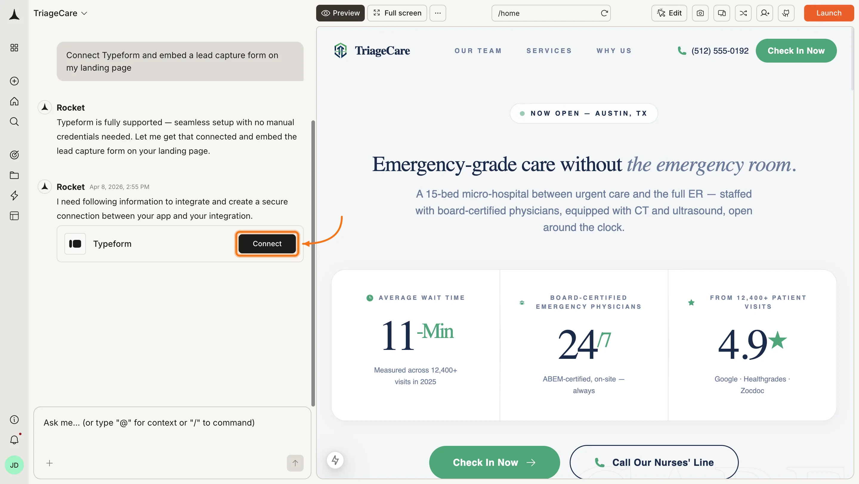 Rocket chat panel showing a Connect prompt for Typeform.