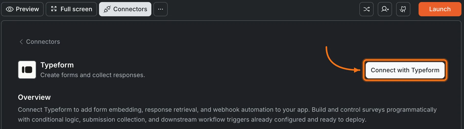 Connectors panel showing the Typeform card with a Connect with Typeform button.