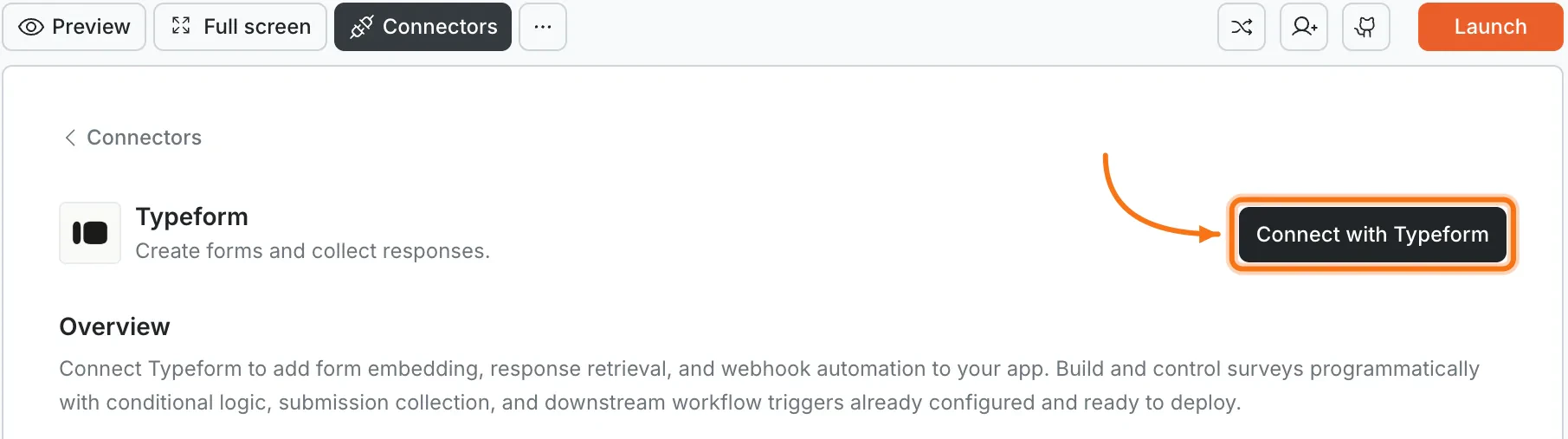Connectors panel showing the Typeform card with a Connect with Typeform button.
