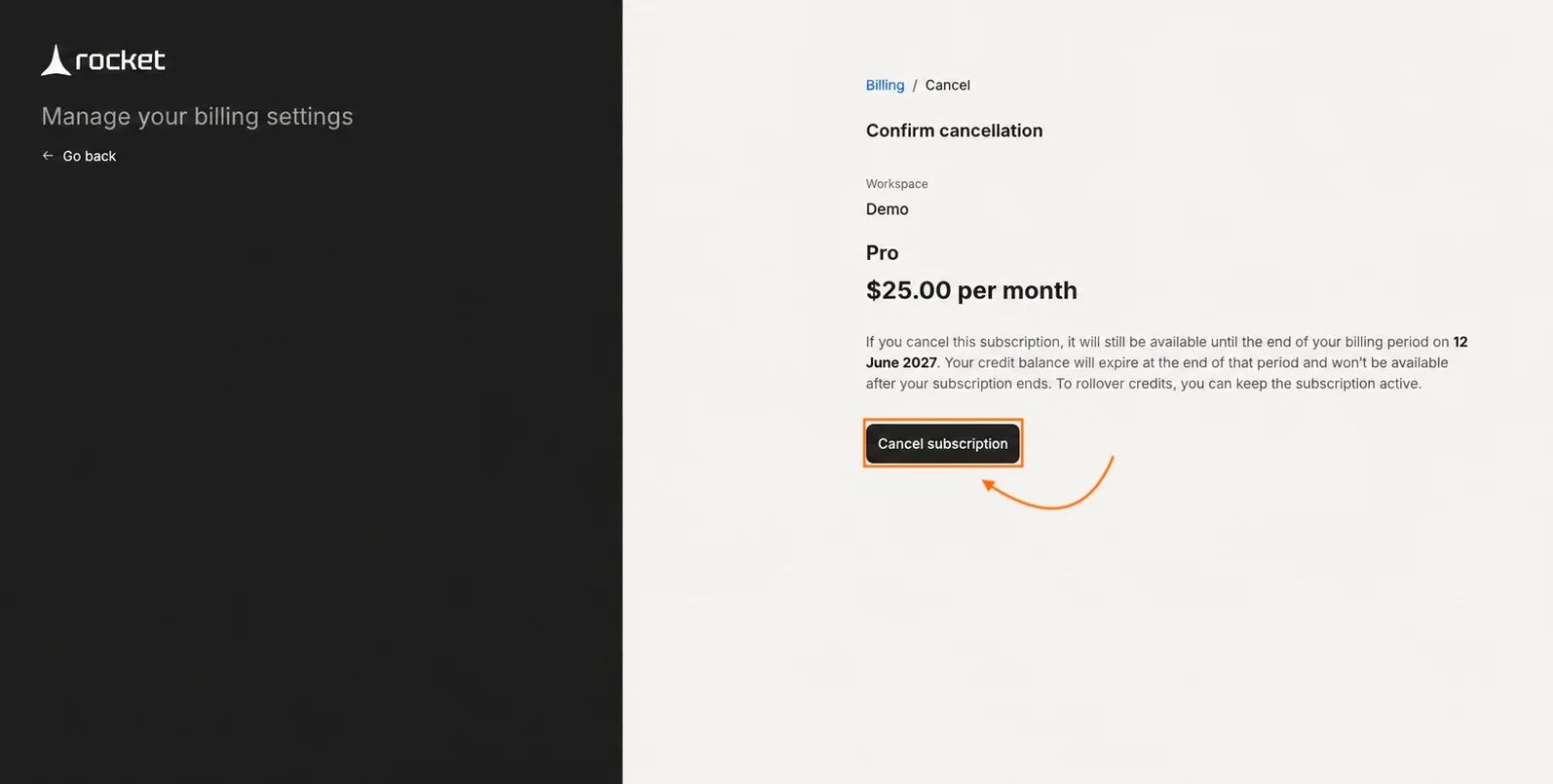 Stripe cancellation confirmation screen showing the subscription end date.