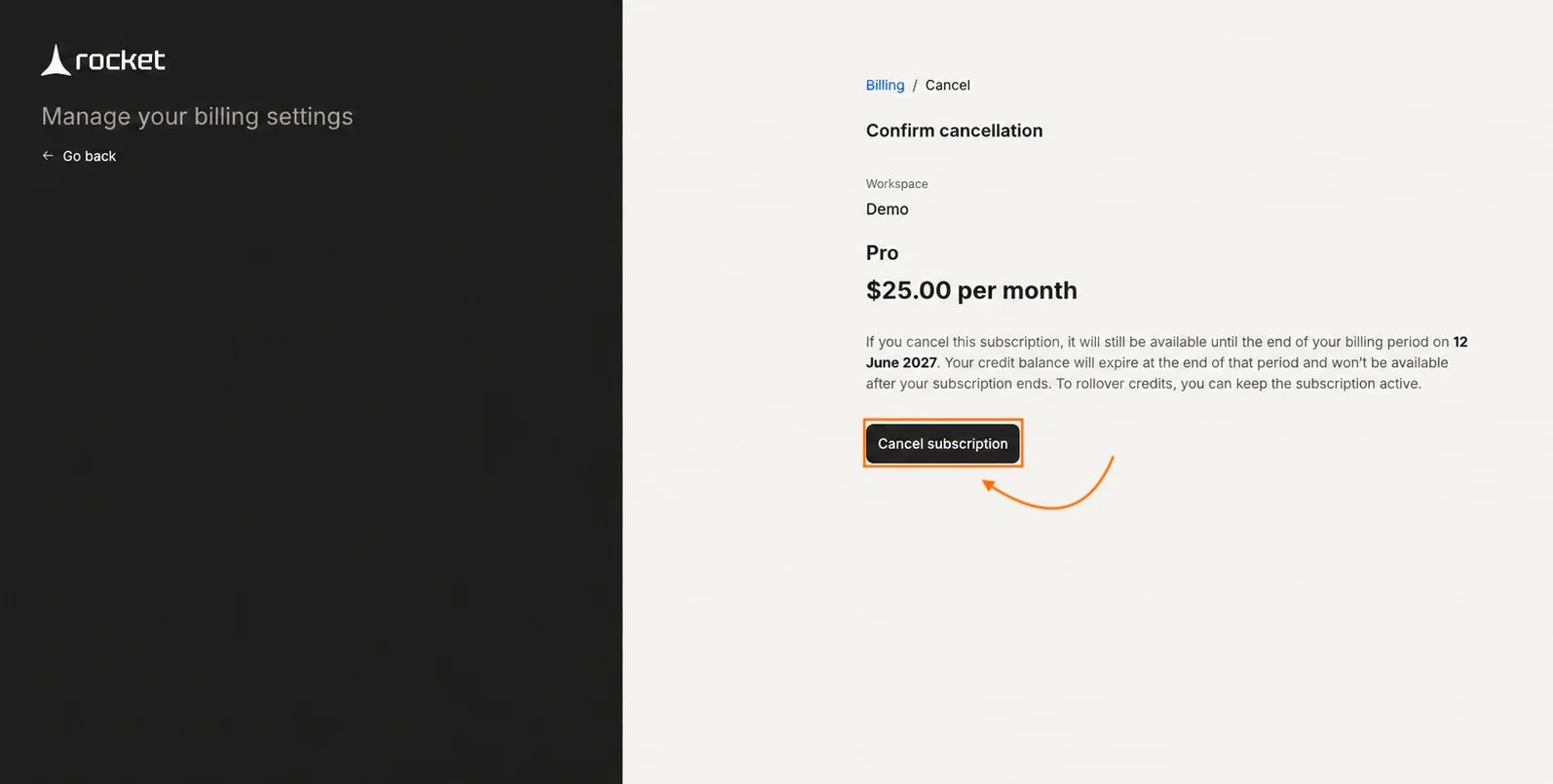Stripe cancellation confirmation screen showing the subscription end date.