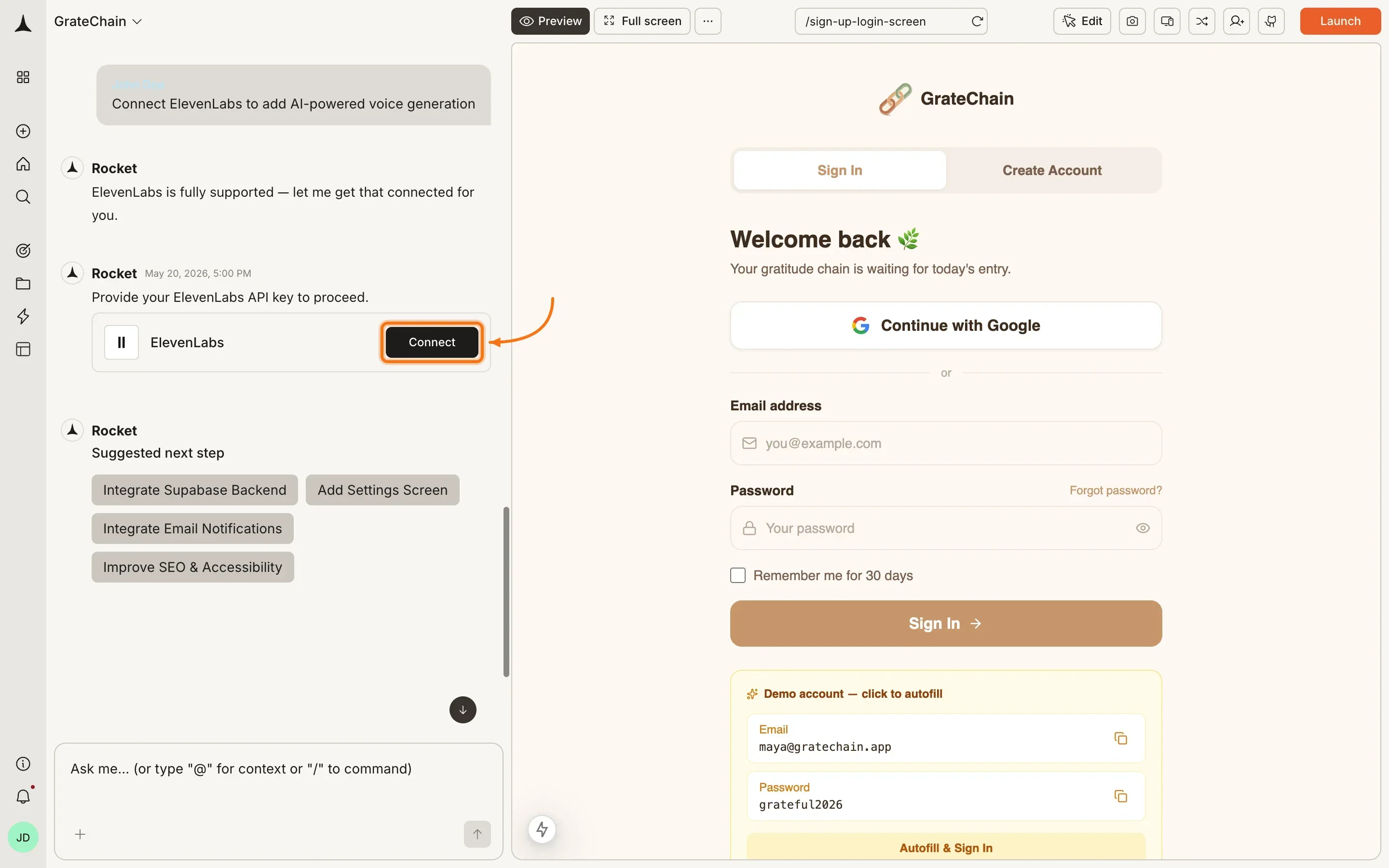 ElevenLabs connection prompt in the Rocket chat panel.