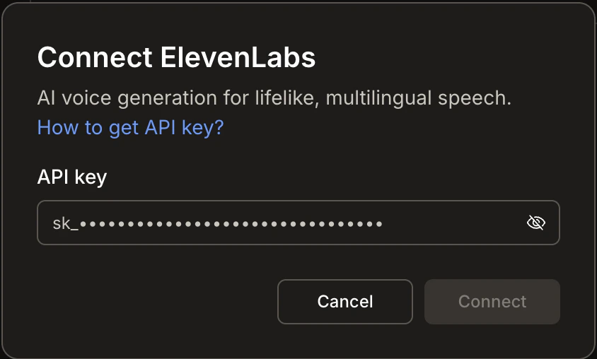 Connect ElevenLabs popup with an API key input field.
