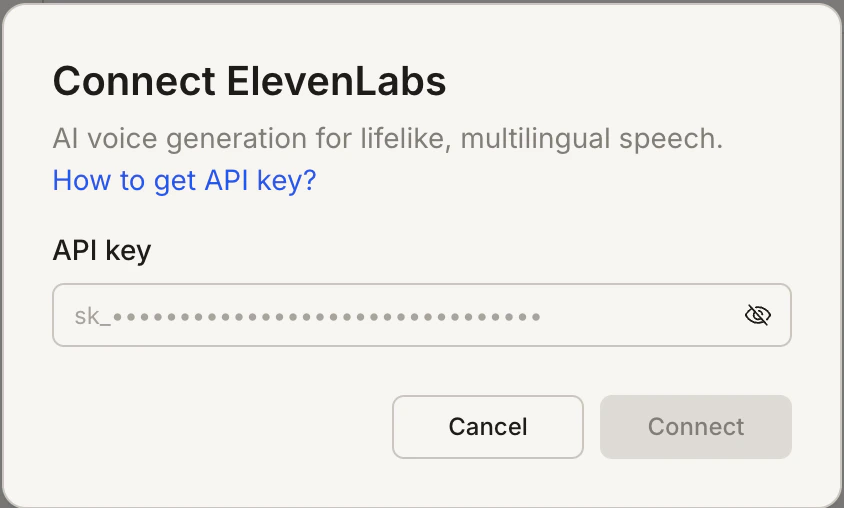 Connect ElevenLabs popup with an API key input field.