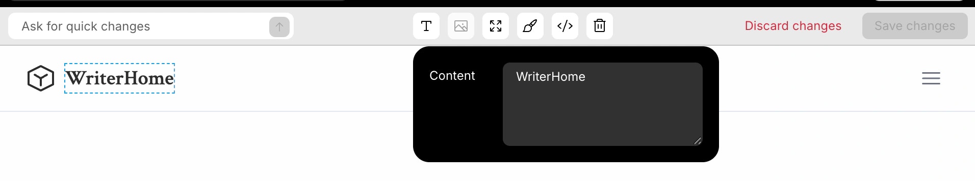 Editing text content of a selected element in web app visual edit.