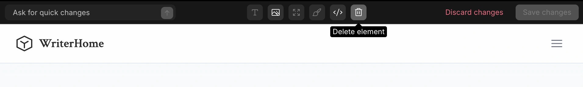 Deleting a selected element from the web app preview.