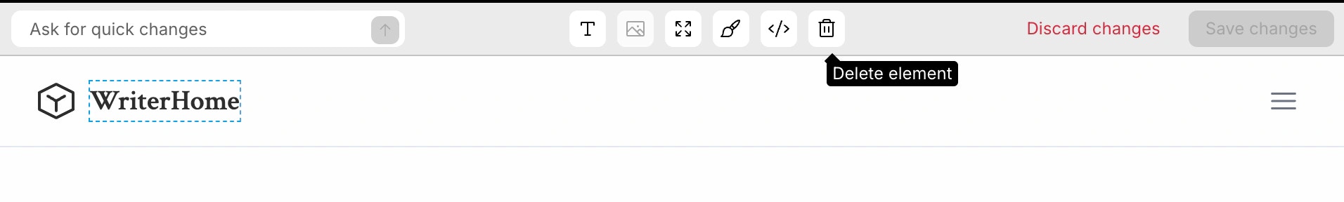 Deleting a selected element from the web app preview.