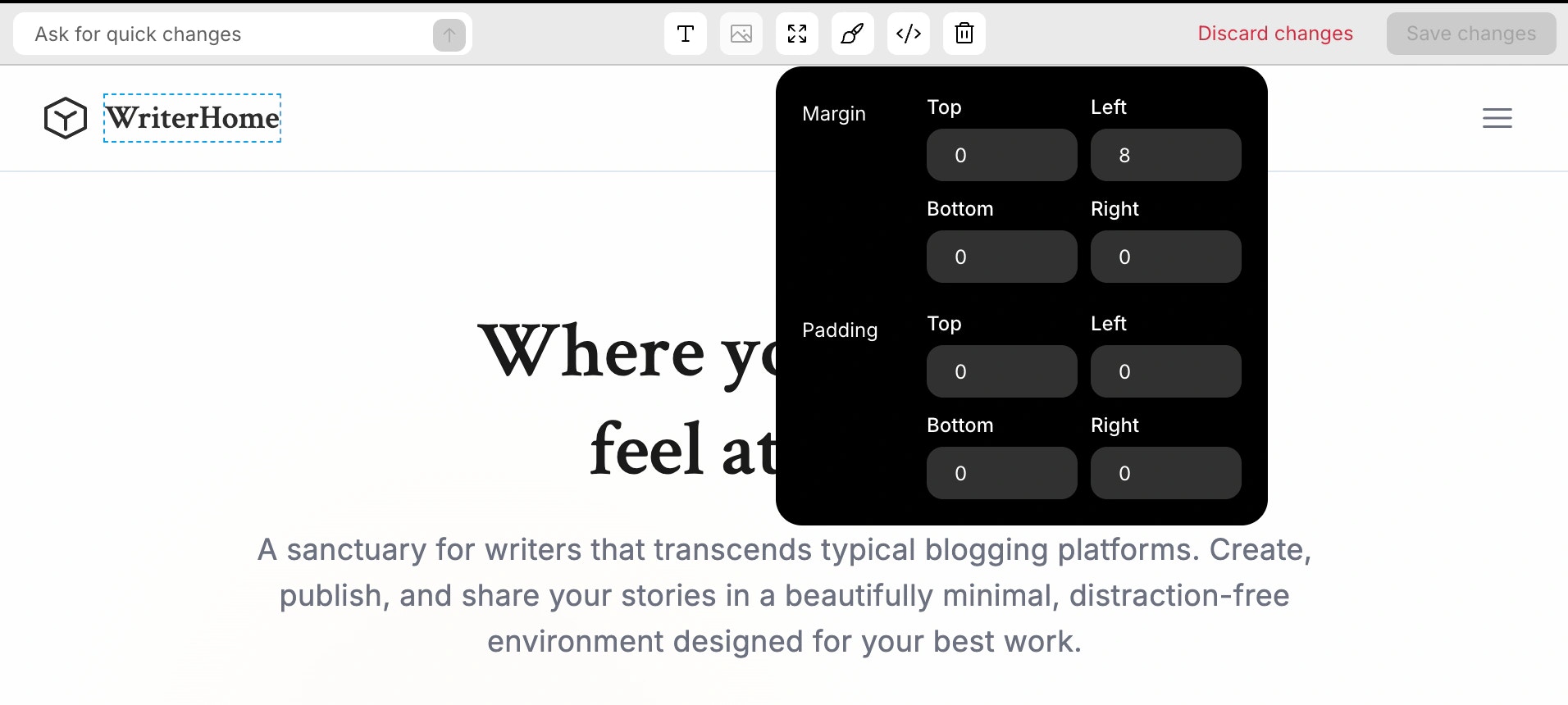 Adjusting padding and margin spacing for a selected element in web app.