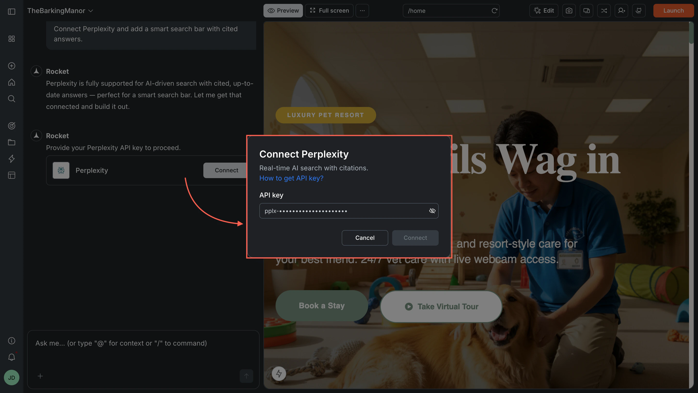 Connect Perplexity popup with an API key input field.