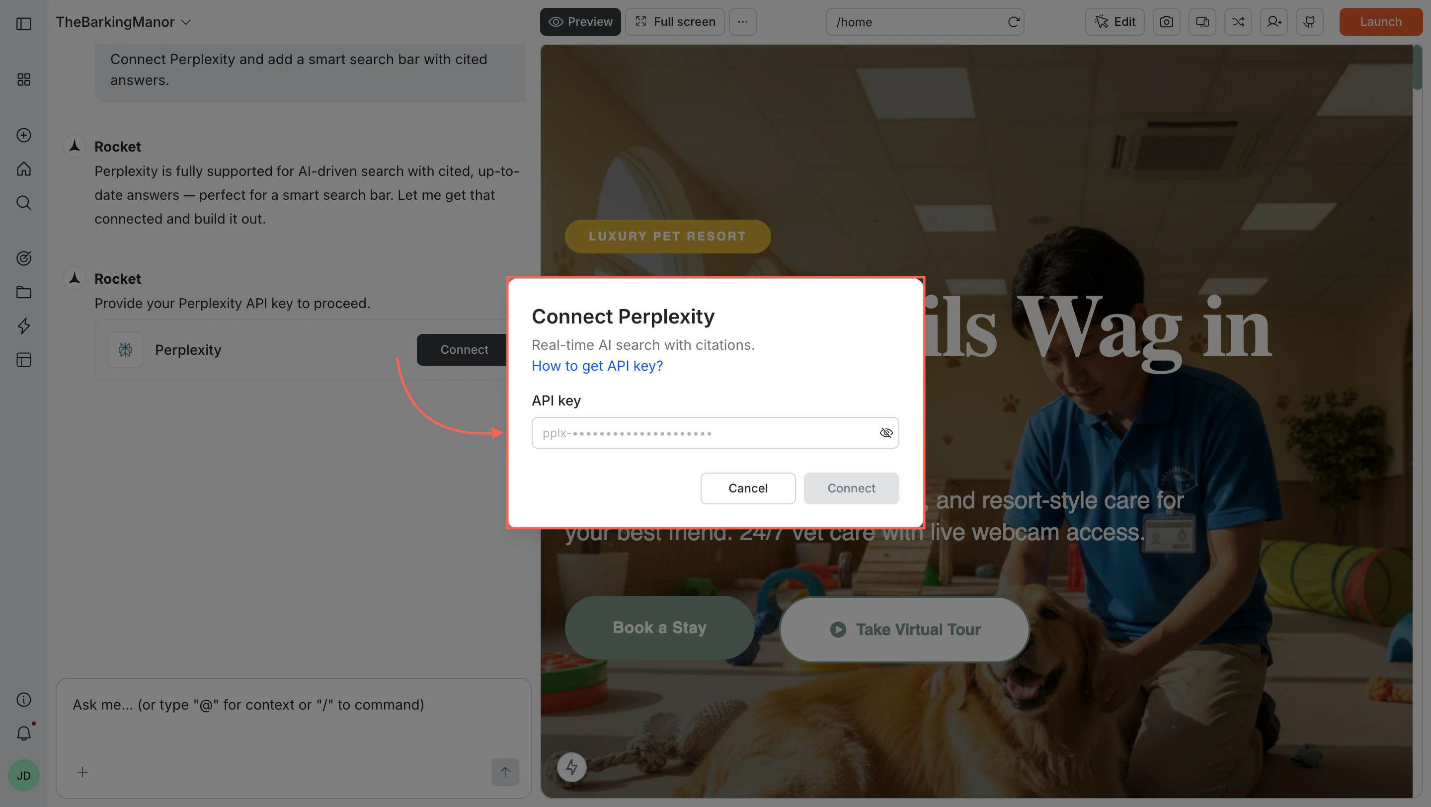 Connect Perplexity popup with an API key input field.