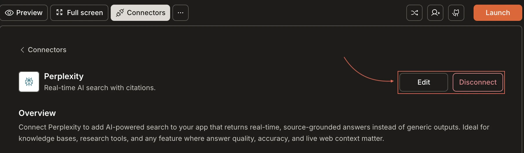 Perplexity card showing Edit and Disconnect buttons.
