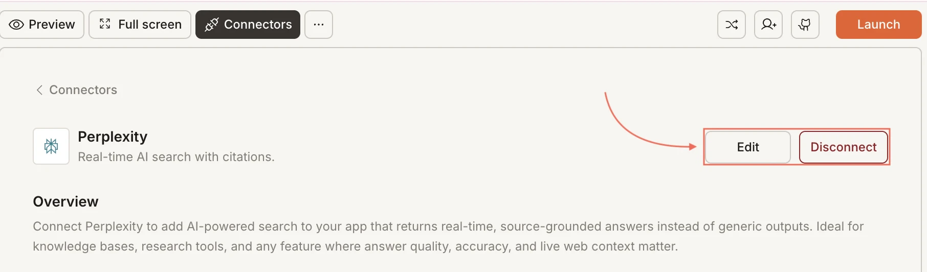 Perplexity card showing Edit and Disconnect buttons.