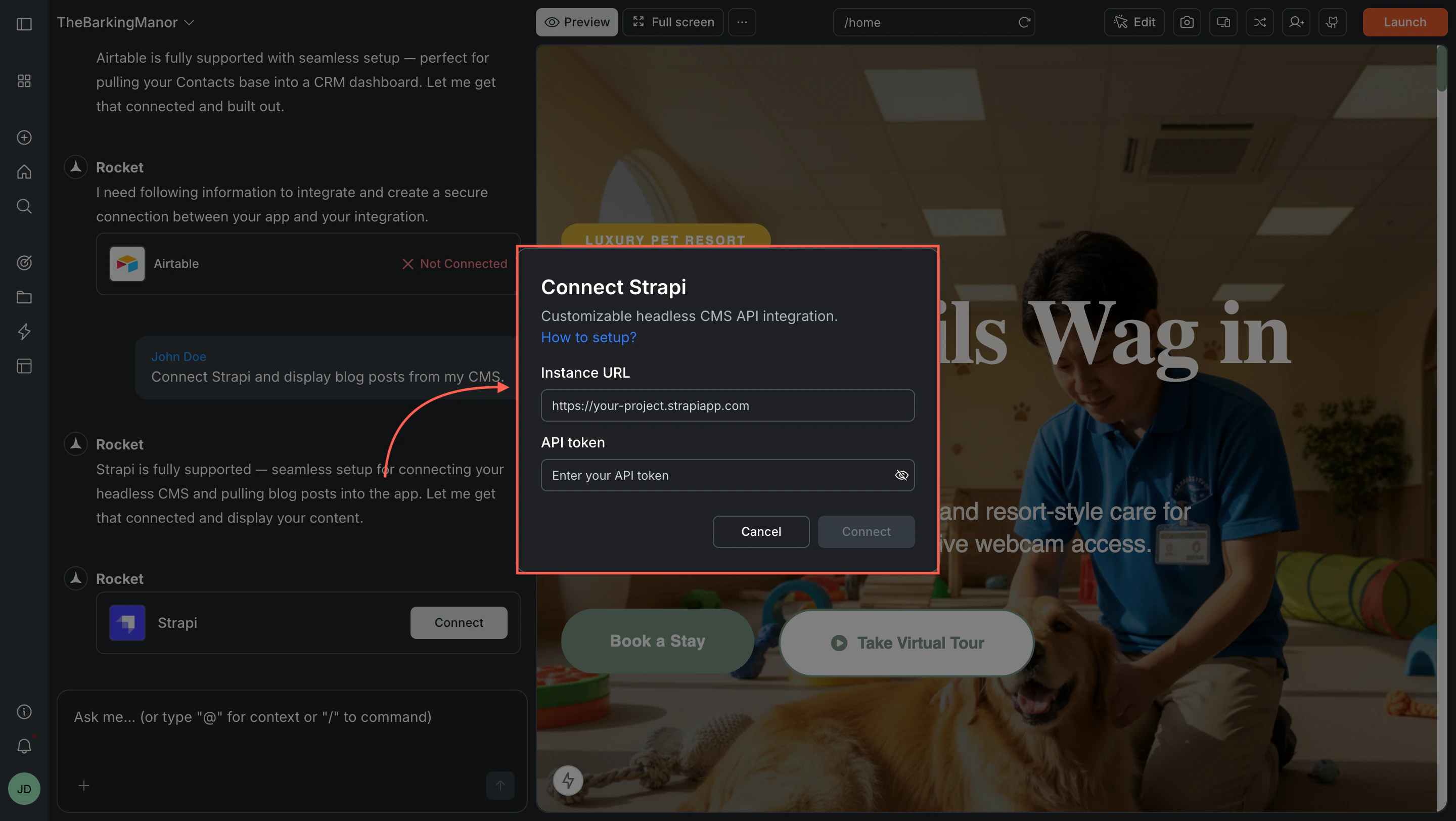 Connect Strapi popup with Instance URL and API token fields.