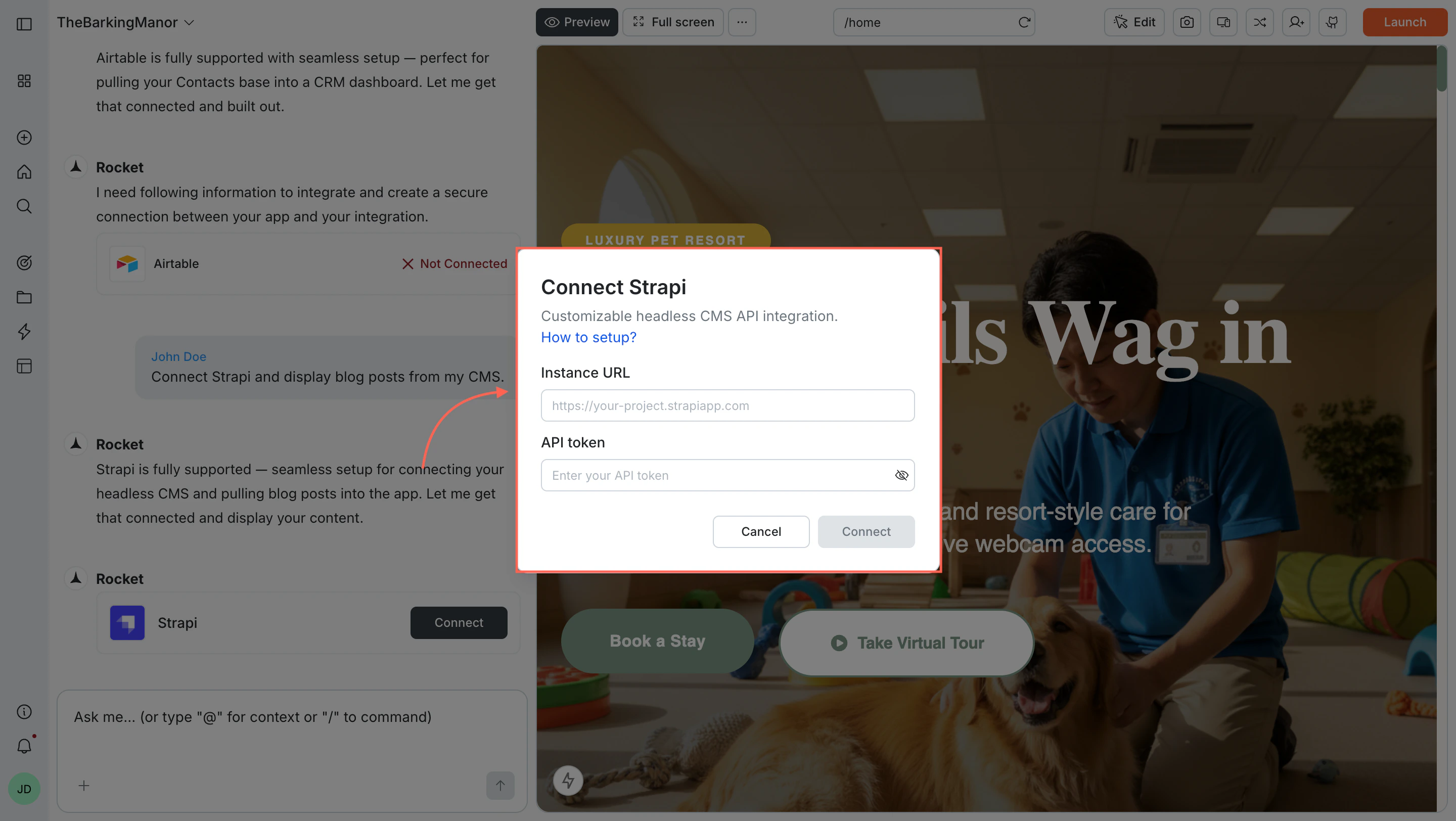 Connect Strapi popup with Instance URL and API token fields.