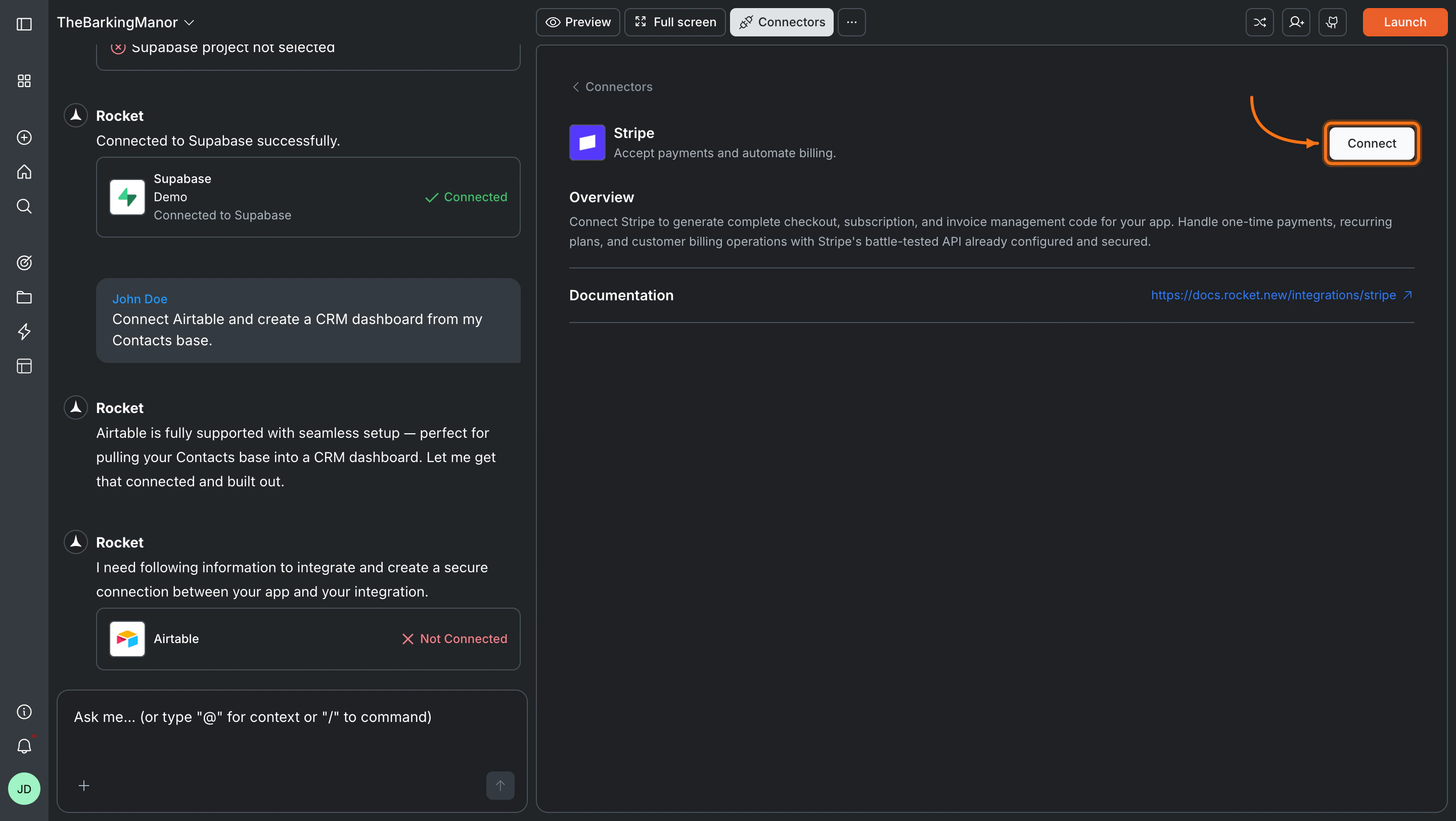 Connectors panel showing the Strapi card with a Connect button.