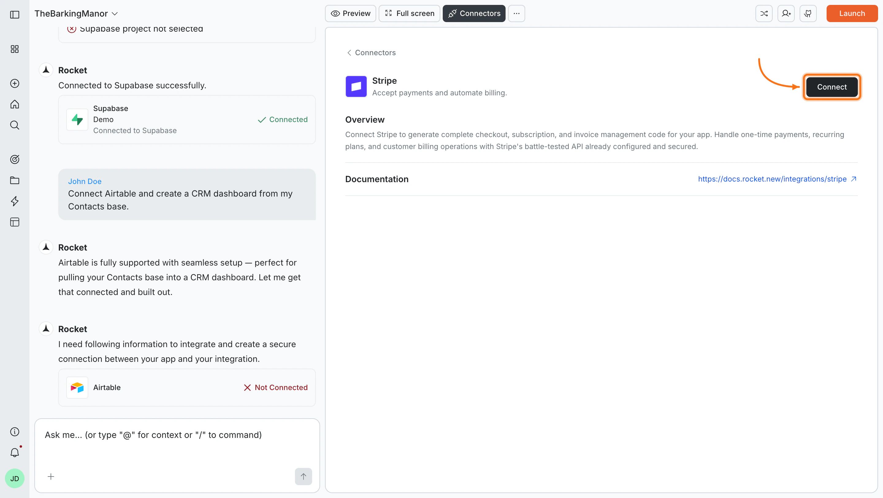 Connectors panel showing the Strapi card with a Connect button.