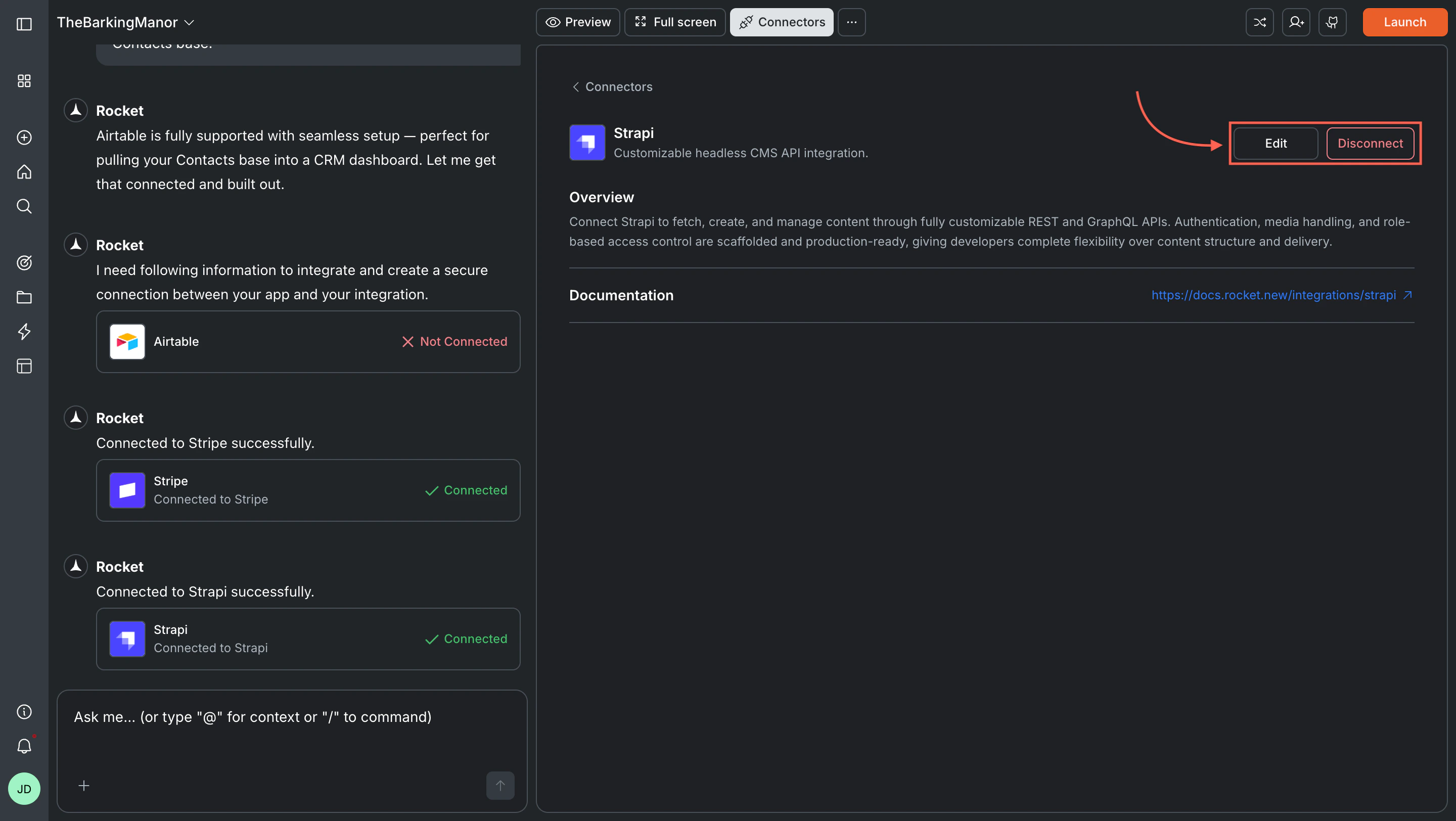 Strapi card showing Edit and Disconnect buttons.