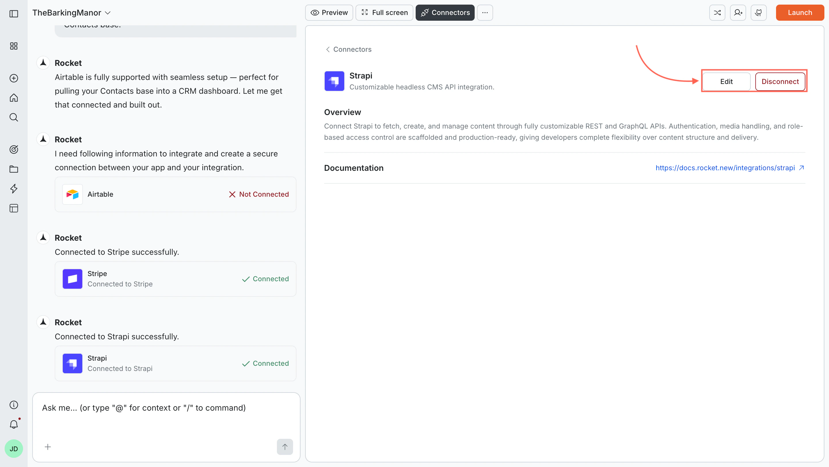 Strapi card showing Edit and Disconnect buttons.
