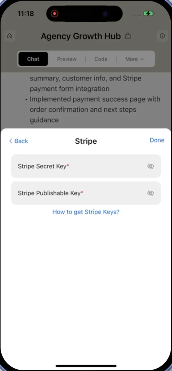 Stripe integration modal with Done button