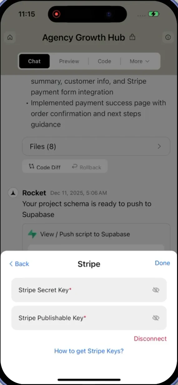 Stripe integration modal with disconnect option